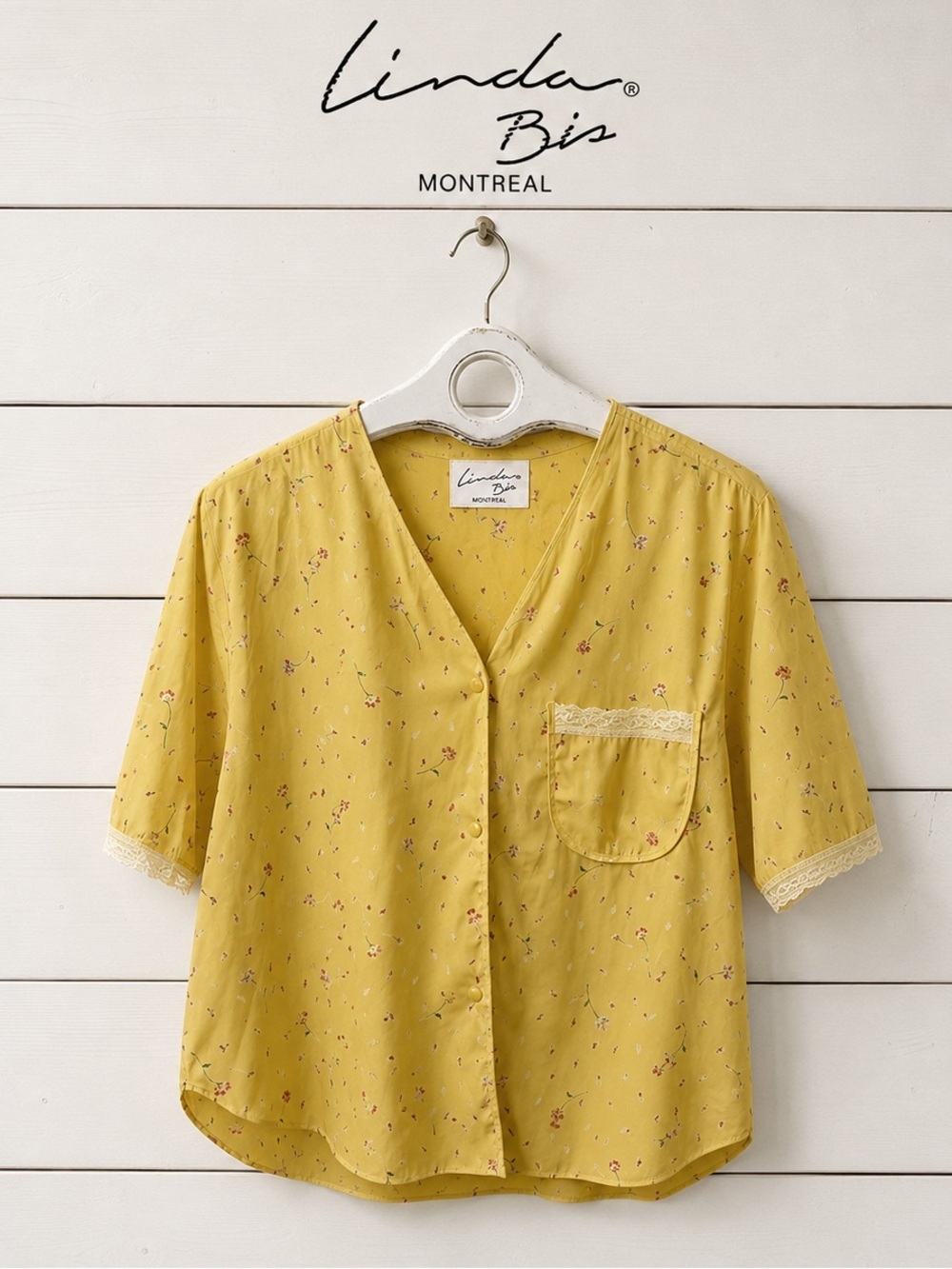Vintage LINDA BIS – Yellow Floral Button-Front Top – Size S/P